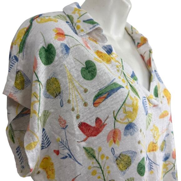 Joie 100% Linen Short Sleeve V-Neck Print Collared Top Shirt Dolman Womens sz L - Picture 4 of 16